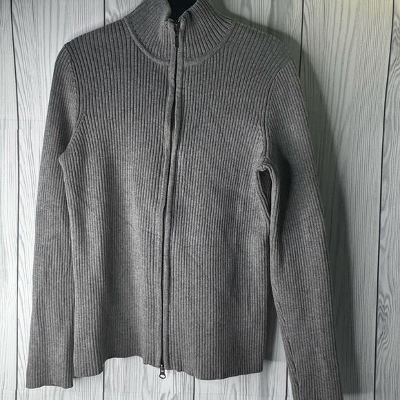 Eddie Bauer Women Soft Gray Knit Full Zip Ribbed Sweater Medium y2K - Picture 1 of 7